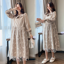 Pregnant Woman Lian Dress Spring Autumn Dress Code 2020 Gestation Woman With Spicy Mother Tide Bottling Lace Splicing Pregnant Woman Over Knee Long Skirt Tide