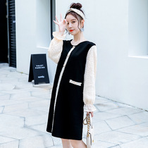 Pregnant woman Autumn Fashion small fragrance Wind Han version in long style Jacket Fashion style Collision Color Splicing Pregnant Woman Big Code Women Dress Spring Autumn Dresses