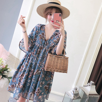 Pregnant women dress women 2020 Summer new fashion tide mom loose chiffon long V collar pregnant women high waist