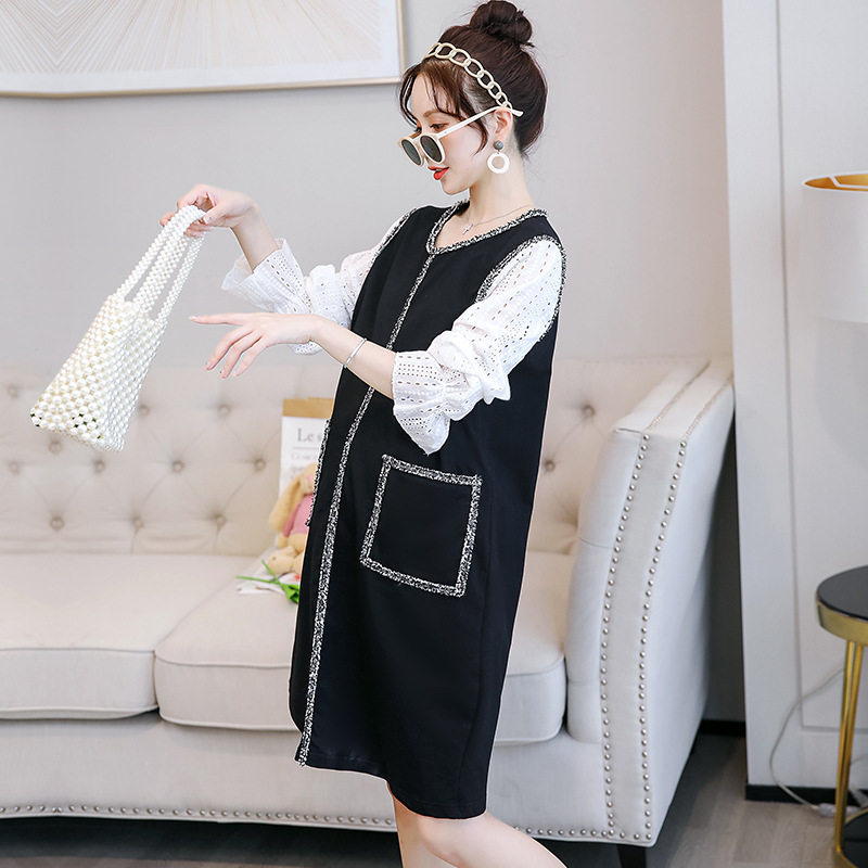 Pregnant Woman Foreign Dress Spring Autumn Dress Long Sleeve Fake Two Little Fragrant Gestational Woman Dress Splicing Sleeve Pure Color Pregnant Woman Dress Fashion Tide