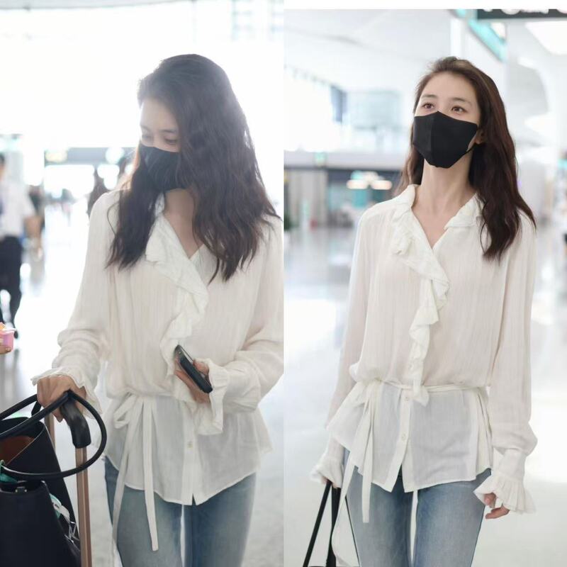 [Same Style as Guo Yuxin] Limited Edition Original Fabric, Factory-Quality Workmanship, Fa French-Style Ruffle Shirt, New Arrival for Early Autumn