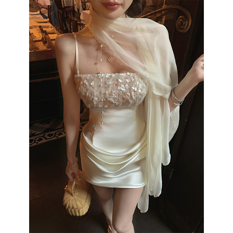 Strappy Dress for Women, French Style, Engagement Dress, Heavy Sequin Satin, Ruched Bodycon Mini Dress, Birthday Dress Strappy Dress for Women, French Style, Engagement Dress, Heavy Sequin Satin, Ruched Bodycon Mini Dress, Birthday Dress