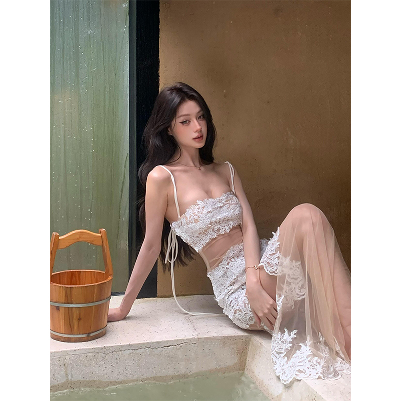 Strappy Dress for Women, Stunning Beach Outfit, Pure and Alluring Style, Lace See-Through Mesh Splicing, Long Train Dress, Bodycon Dress