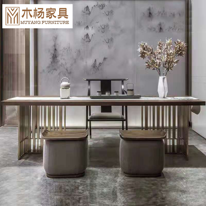 Italian light luxury stainless steel tea table and chair combination new Chinese tea table Zen solid wood desk model room furniture customization