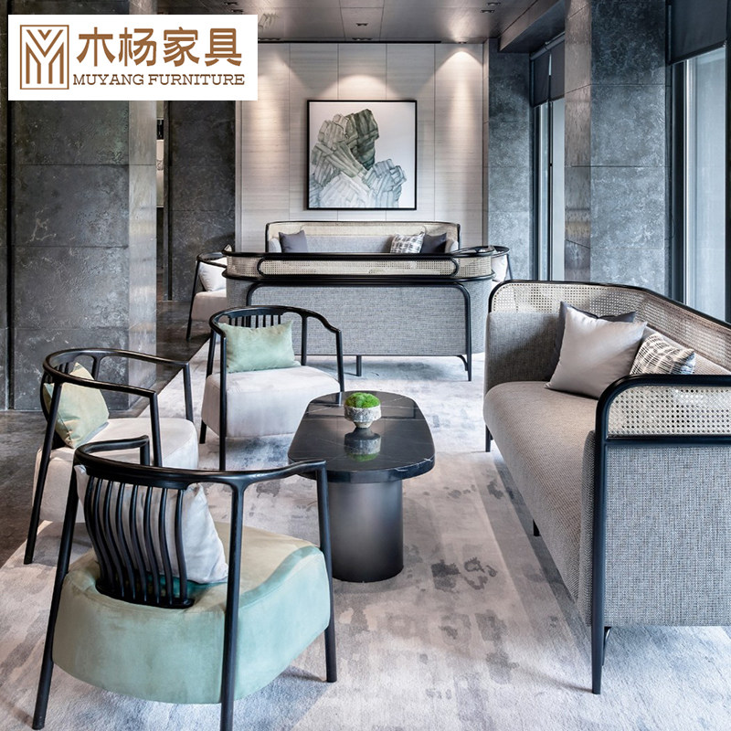 Sample House Display Center Office Solid Wood Sofa Combination Brief Modern Hotel Reception Cassette New Chinese-style board Rattan Furniture Innate