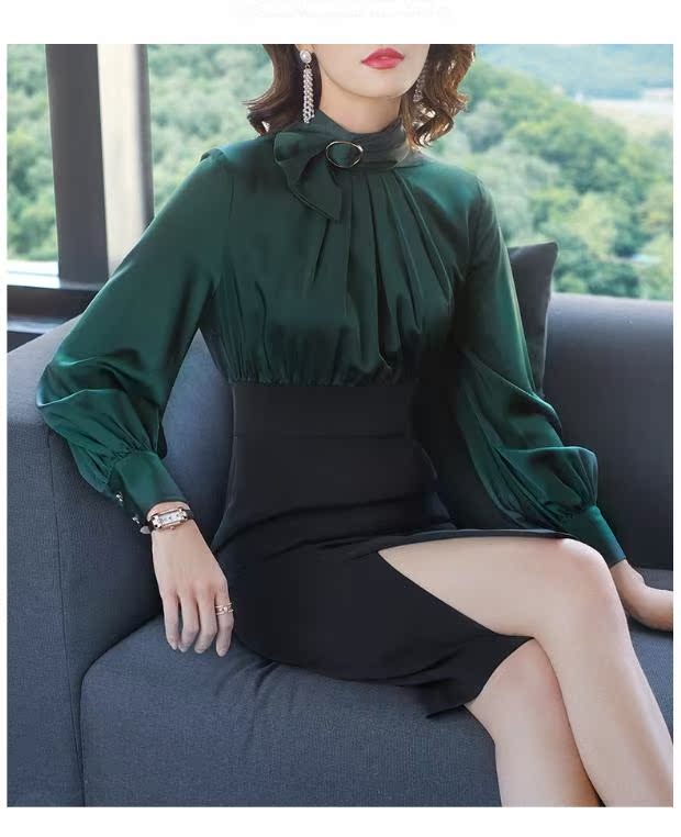 Dài cạnh váy 2017 mùa đông mới của phụ nữ đứng cổ áo eo slim body ladies túi hip váy giả hai dress 7906 váy đầm trung niên cao cấp