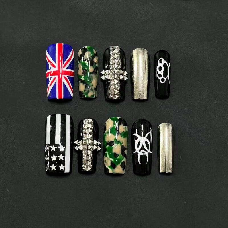 European and American Style Hot Girl 2.5 Square Camouflage Press-On Nails Punk Metal Style Nail Pieces Cool Handmade Nail Art