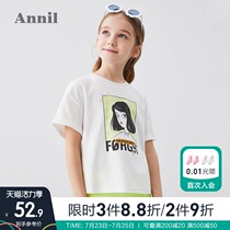 Annai childrens clothing girls  T-shirt pure cotton summer new foreign style childrens net red student short-sleeved T-shirt