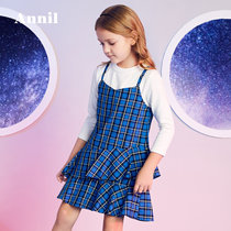 Anel fake two girls dress autumn new childrens clothing young childrens ruffled plaid skirt Y