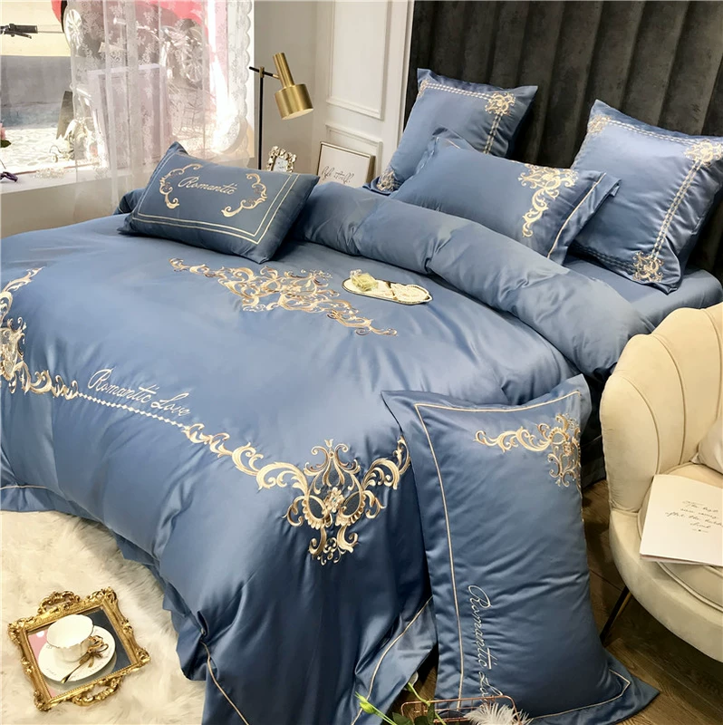 Châu Âu thêu 60 giường satin bốn bộ màu lụa băng cotton rắn tấm lụa Mỹ 4 bộ - Bộ đồ giường bốn mảnh