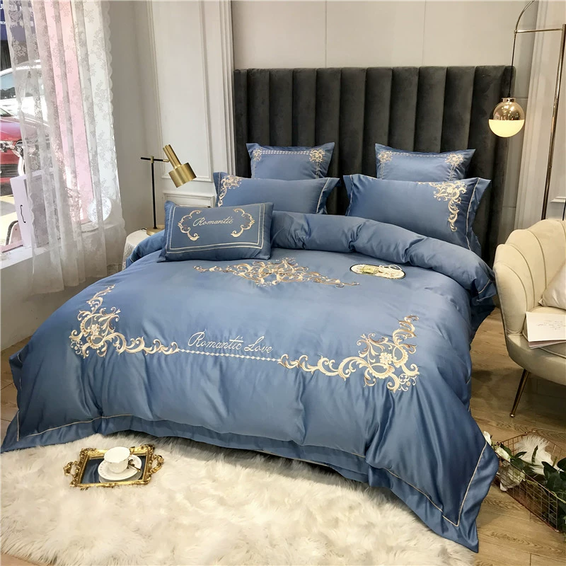 Châu Âu thêu 60 giường satin bốn bộ màu lụa băng cotton rắn tấm lụa Mỹ 4 bộ - Bộ đồ giường bốn mảnh