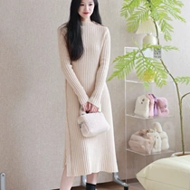 Moonlight Ball French 100% Merino Wool Half Turtleneck Dress Side Button Midi Skirt