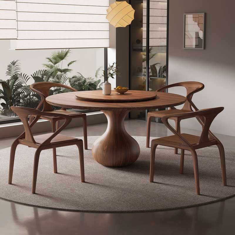 Black Walnut Solid Wood Dining Table and Chair Set, Song-Style Aesthetic, High-End Round Table with Rotating Tray, Large Round Dining Table Black Walnut Solid Wood Dining Table and Chair Set, Song-Style Aesthetic, High-End Round Table with Rotating Tray, Large Round Dining Table