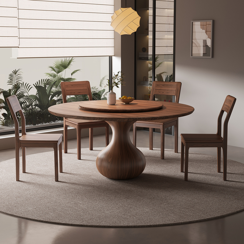 Song-Style Aesthetic Black Walnut Solid Wood Dining Table and Chair Set for Home Use, High-End Round Table, New Chinese Style with Turntable Dining Table Song-Style Aesthetic Black Walnut Solid Wood Dining Table and Chair Set for Home Use, High-End Round Table, New Chinese Style with Turntable Dining Table