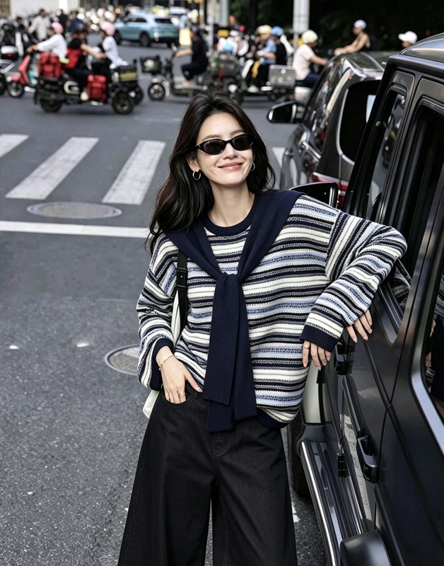 82388 Stylish Ss Striped Top Korean Fashion Casual Navy Collar Long-Sleeve Knit Sweater with Shawl