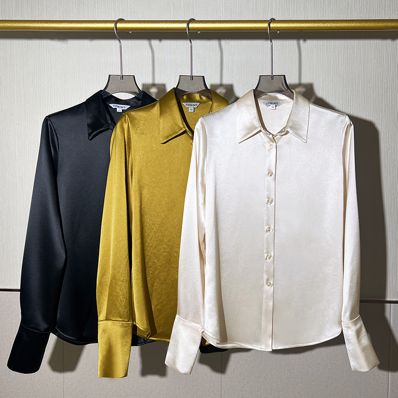 Spring and Autumn New Style Simple Commuter High-End Heavy Pearl Satin Acetate Shirt for Women with Drape Effect and Slimming Long-Sleeve Shirt