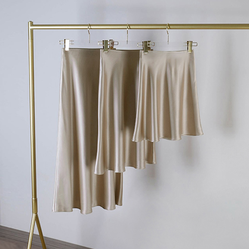 Acetate Skirt, Champagne Gray, Satin Spring and Summer Short Skirt, Drapey Glossy Fishtail High-Waisted Solid Color A-Line Long Skirt
