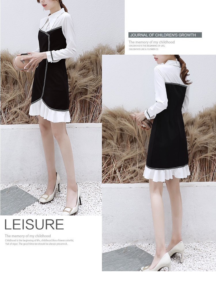 VK旗艦店 韓系時尚氣質襯衫領黑白撞色修身長袖洋裝