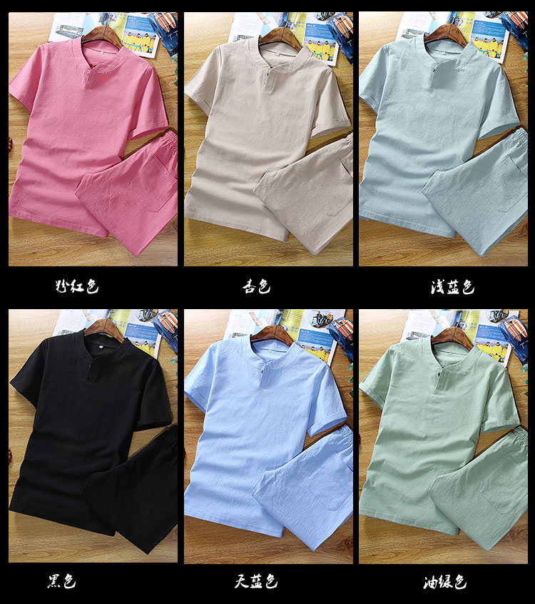 Mùa hè cotton và linen phù hợp với nam giới của linen ngắn tay t-shirt mùa hè thường hai mảnh đẹp trai mùa hè kích thước lớn quần áo