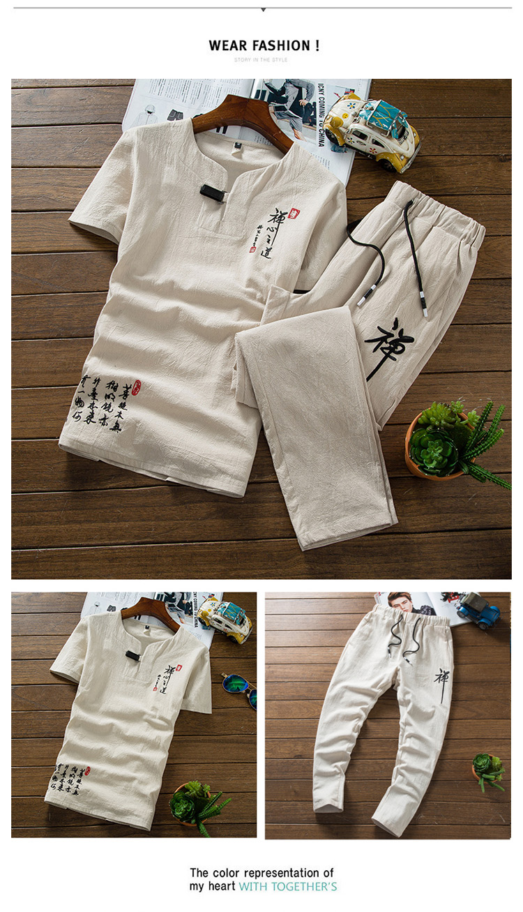 Bộ đồ cotton và vải lanh nam mùa hè Phong cách Trung Quốc hai mảnh vải lanh thêu tay ngắn Áo thun mới giản dị cỡ lớn chín quần pijama nam