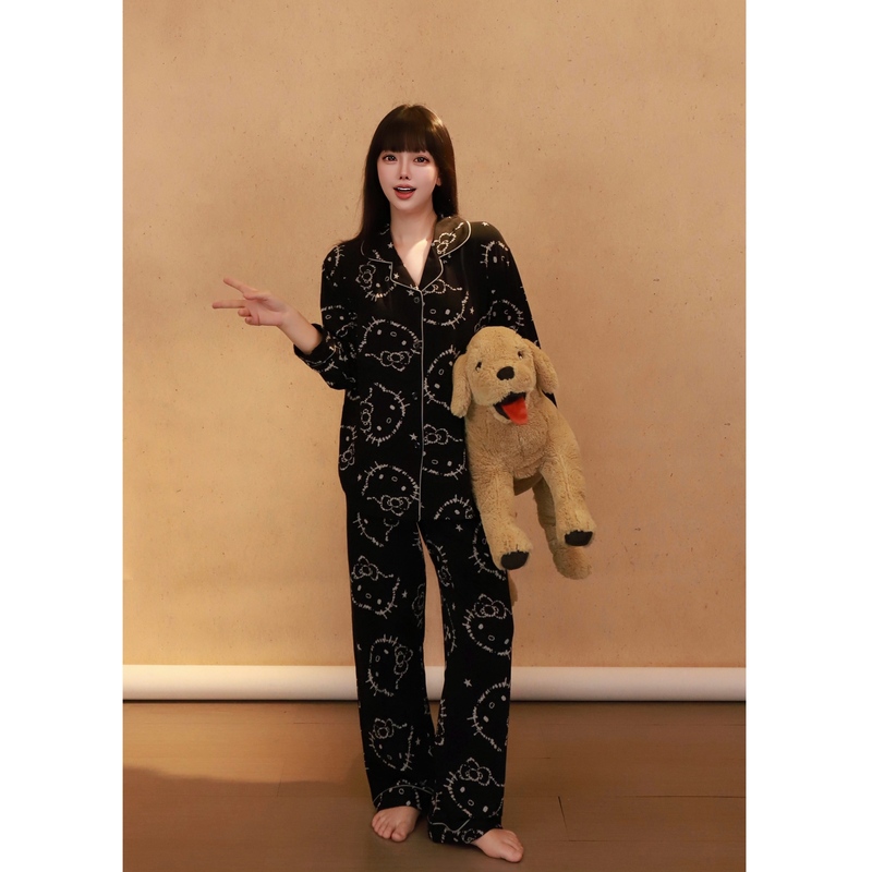Black Kt Cat Plaid Pajamas Women's Long Sleeve 2025 Spring and Autumn Cartoon Sweet and Cute Loose Home Clothing Set Black Kt Cat Plaid Pajamas Women's Long Sleeve 2025 Spring and Autumn Cartoon Sweet and Cute Loose Home Clothing Set