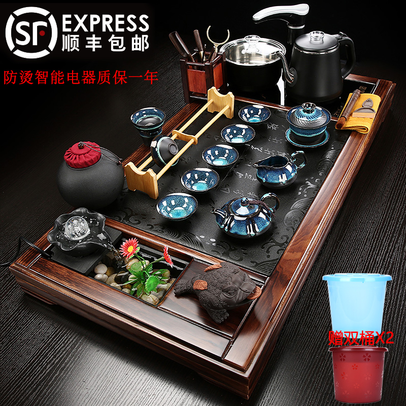 Home living room integrated kung fu purple sand tea set office solid wood ebony stone tea tray tea art automatic tea stand