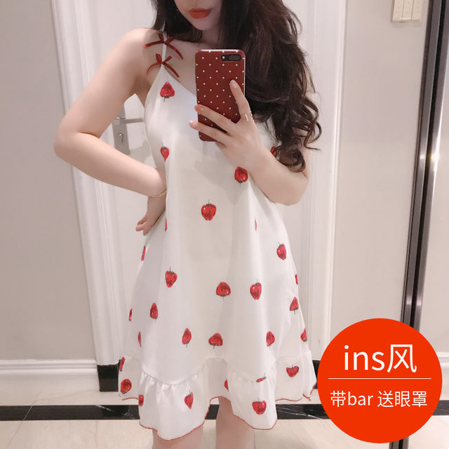 Nightdress female summer sexy girl sling cotton pajamas with chest pad bra underwear cute fresh student home service