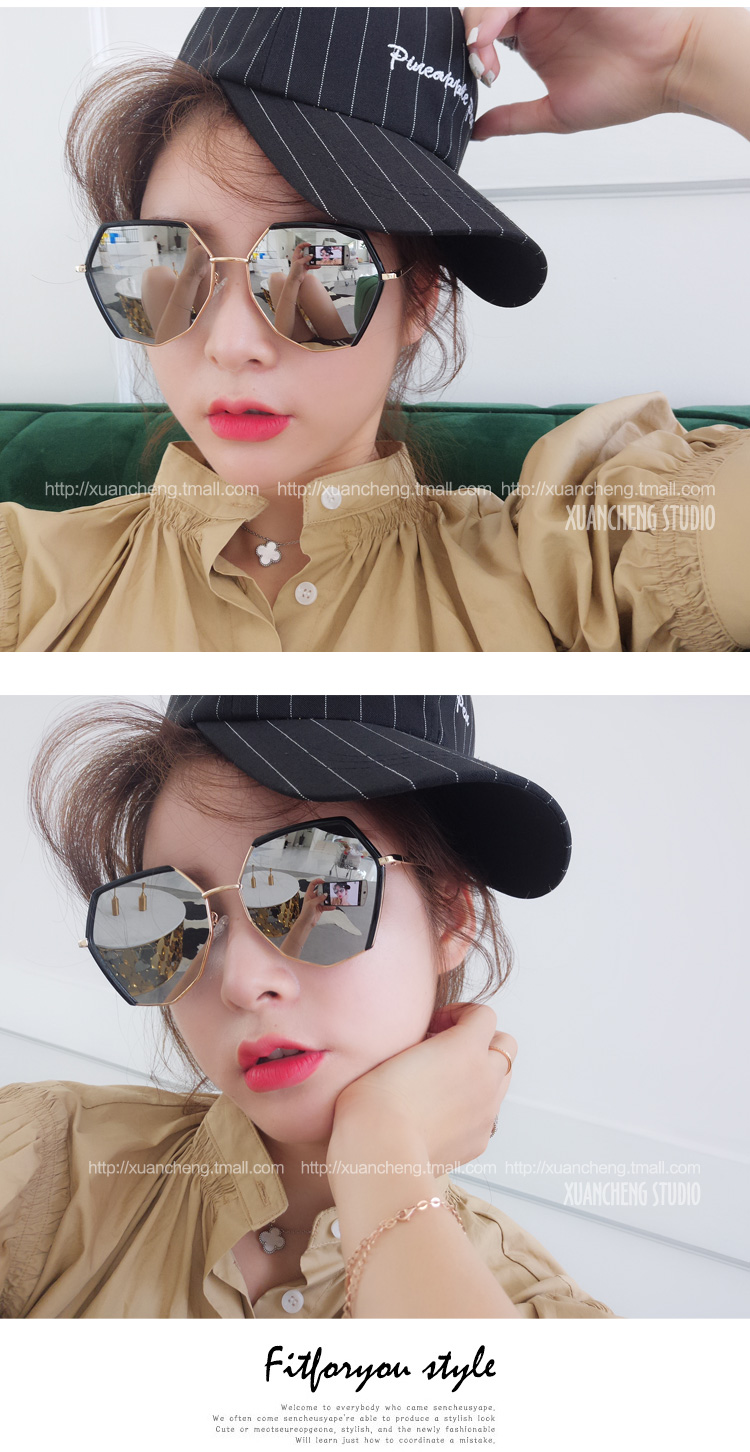 Kính râm nữ phiên bản Hàn Quốc của thủy triều retro gm mặt lớn in siêu lửa đa giác lưới màu đỏ 2018 mới dạo phố kính solex