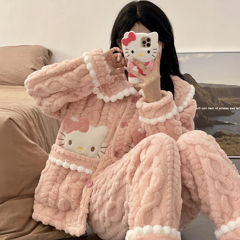 Pajamas for Women, Autumn and Winter Style, Coral Velvet, Fleece-Lined, Thickened, Cute Cartoon Girl, Large Size, Flannel Home Wear Set