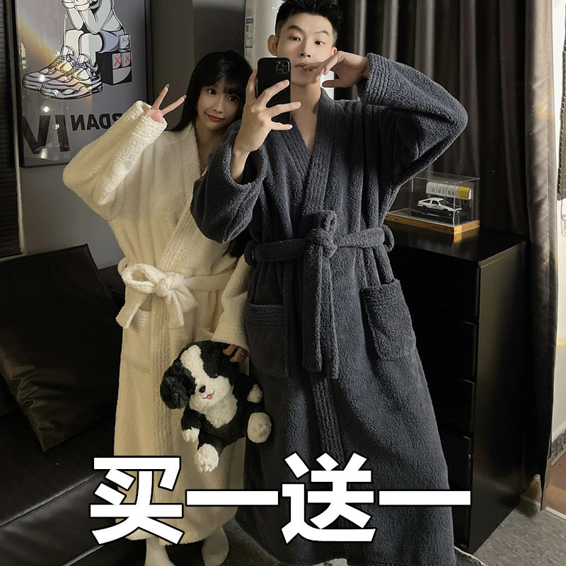 2025 New Couple's Bathrobe for Women, Autumn and Winter Style, Thickened Coral Fleece, Large Size, Mid-Length Bathrobe, Men's Loungewear