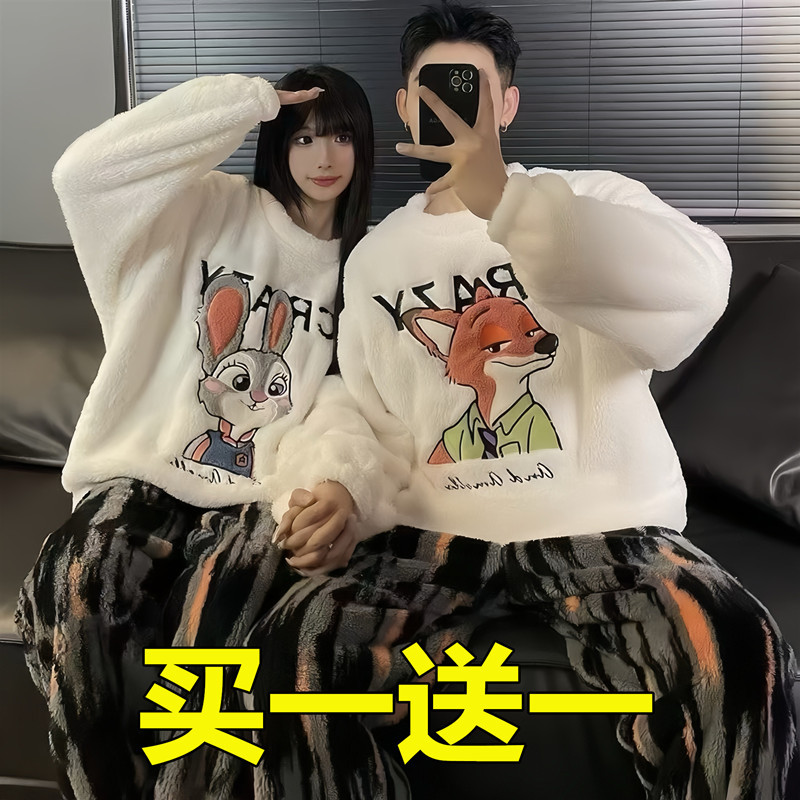 Couple's Pajamas for Women, Autumn and Winter Style, Thickened Coral Fleece, Cute Cartoon Casual Men's Flannel Loungewear Set