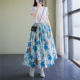 Pure cotton floral skirt women's mid-length summer elastic waist slimming A-line skirt cotton long skirt petite skirt