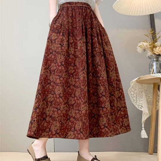 Retro Style Floral Skirt, Spring Elastic Waist, Loose and Versatile, Cotton Gauze A-Line Pleated Umbrella Skirt, Mid-Length Skirt