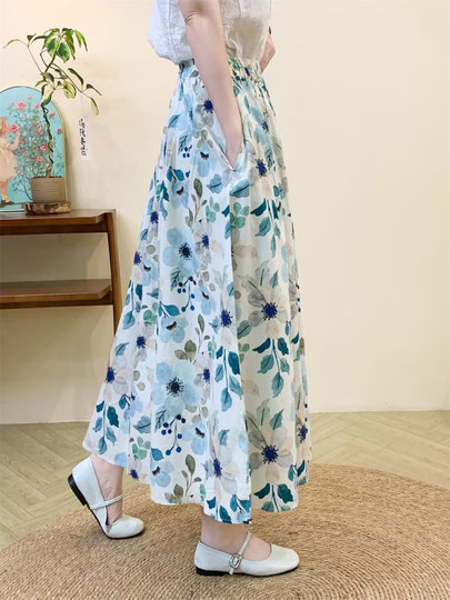 2025 Summer Artistic Pure Cotton Floral Elastic Waist Hip-Covering Half Skirt Women's A-Line Skirt Thin Country Style Long Skirt