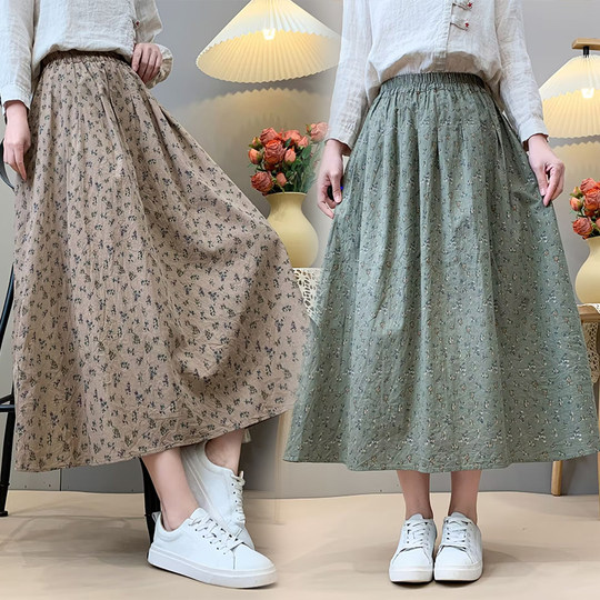 2025 New Style Artistic Cotton and Linen Printed Skirt, Small Floral Versatile High-Waisted Flared A-Line Mid-Length Skirt for Petite Figures