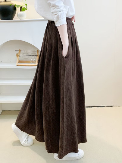 Retro Literary Long Elastic Waist Cotton Polka Dot Jacquard Skirt High Waist Versatile Loose Slimming A-Line Long Skirt