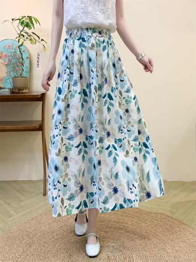 2025 Summer Artistic Pure Cotton Floral Elastic Waist Hip-Covering Half Skirt Women's A-Line Skirt Thin Country Style Long Skirt