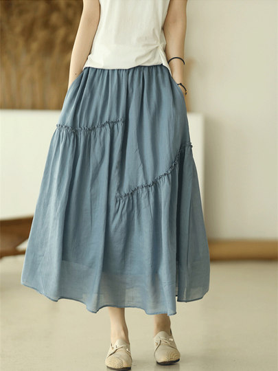 Solid Color Ramie Skirt for Women Summer Literary and Versatile Lace Fairy Elegant Double Layer Loose A-Line Long Skirt for Small People