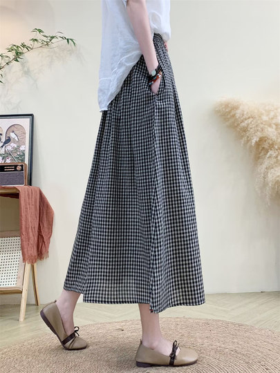 Literary cotton and linen plaid skirt for women, summer elastic waist, versatile, slim A-line skirt, high-end mid-length skirt for small people