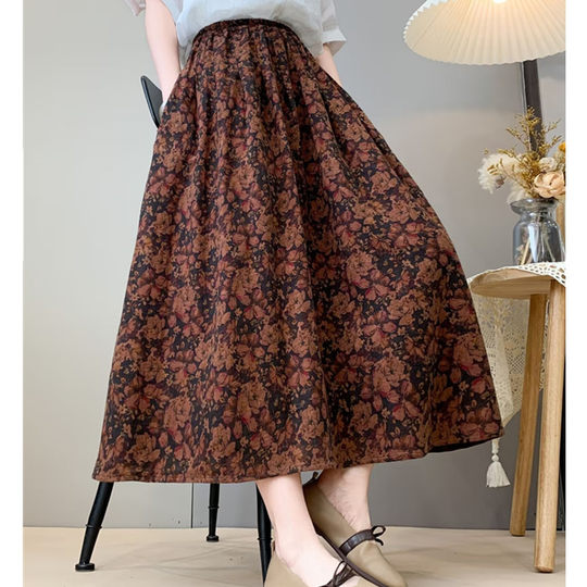 Retro Style Floral Skirt, Spring Elastic Waist, Loose and Versatile, Cotton Gauze A-Line Pleated Umbrella Skirt, Mid-Length Skirt