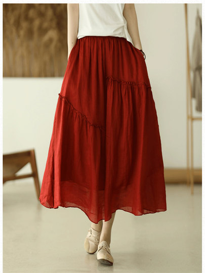 Solid Color Ramie Skirt for Women Summer Literary and Versatile Lace Fairy Elegant Double Layer Loose A-Line Long Skirt for Small People