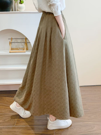 Vintage Jacquard Cotton Midi Skirt, Loose, Artistic, Versatile, Mid-Length, Slimming, Drapey A-Line Skirt for Women with Pockets