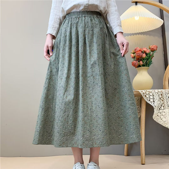 2025 New Style Artistic Cotton and Linen Printed Skirt, Small Floral Versatile High-Waisted Flared A-Line Mid-Length Skirt for Petite Figures