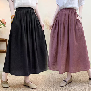 Loose Casual Slimming Look Pure Color A-Line Cotton and Linen Skirt Women's 2025 Summer New Style Foreign Style Age-Reducing Mid-Length Skirt