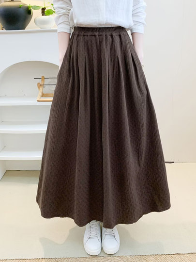 Retro Literary Long Elastic Waist Cotton Polka Dot Jacquard Skirt High Waist Versatile Loose Slimming A-Line Long Skirt