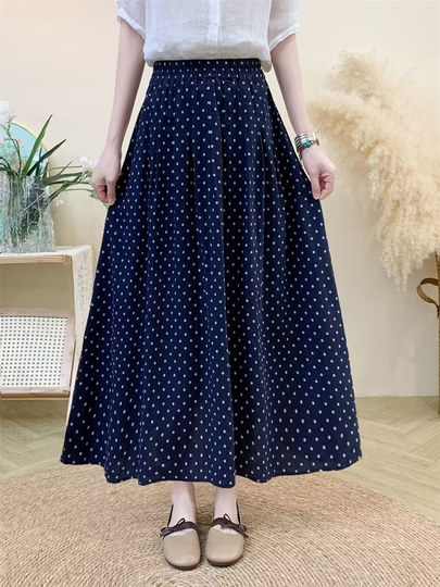 Original Artistic Cotton and Linen Polka Dot Skirt for Women, Drapey and Versatile, Cotton A-Line Skirt, Mid-Length, Petite Long Skirt