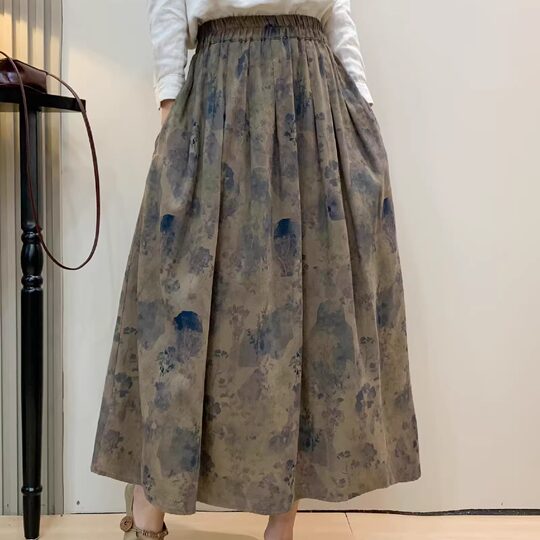 Artistic Retro Printed Cotton and Linen Skirt 2026 Spring High-Waisted Mid-Length Skirt Slimming Versatile Long Skirt