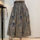 Artistic Retro Printed Cotton and Linen Skirt 2026 Spring High-Waisted Mid-Length Skirt Slimming Versatile Long Skirt