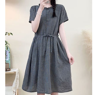 Black and White Checkered Cotton and Linen Hand-Pleated Ruffle Collar Tie Loose Dress for Women, Knee-Length Midi Dress for Petite Women