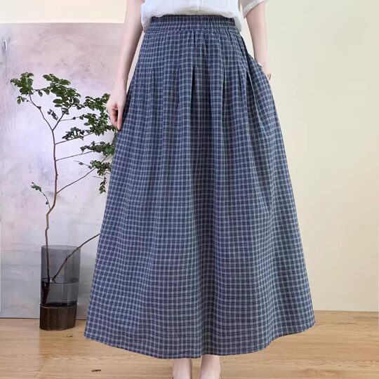 Artistic Retro Pure Cotton Plaid Skirt for Women 2026 Spring New Versatile Elastic Waist Women's Skirt A-Line Long Skirt